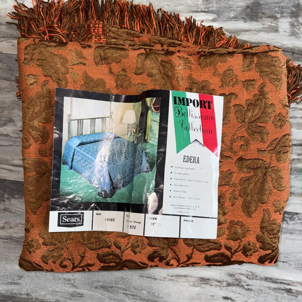Vintage MCM Orange Brown Table Cover Sears Bellissimo Italy 72 In Round Fringe